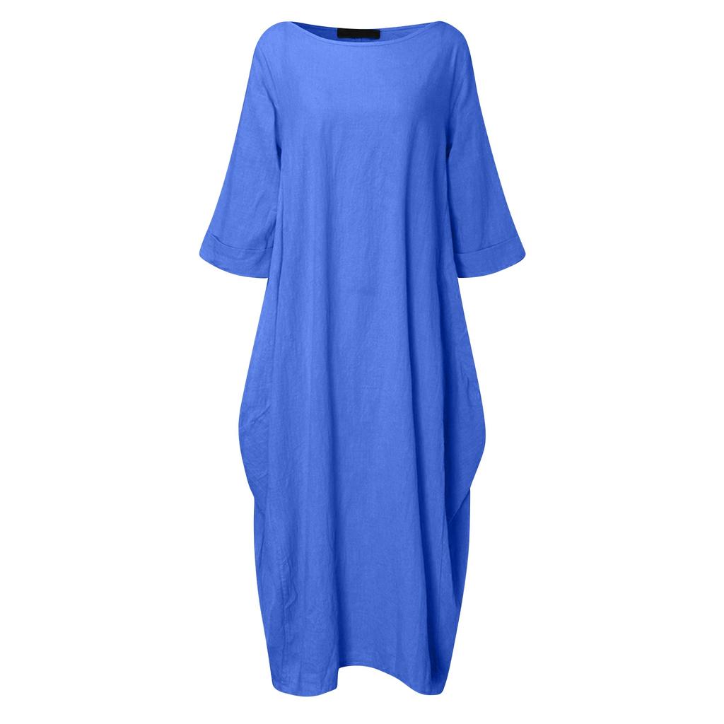 Loose Fit Casual Maxi Dress for Women Crew Neck Half Sleeve Solid Long Kaftan Oversized Summer Linen Dress