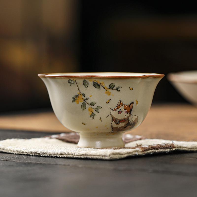 Beige Ru Ware Kitten Teacup: Kung Fu Ceramic Tasting Cup for Personal Tea Use