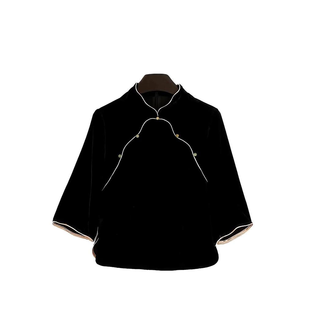 New Chinese Style Gold Velvet Mulberry Silk Women's Autumn Black Base Top Shirt