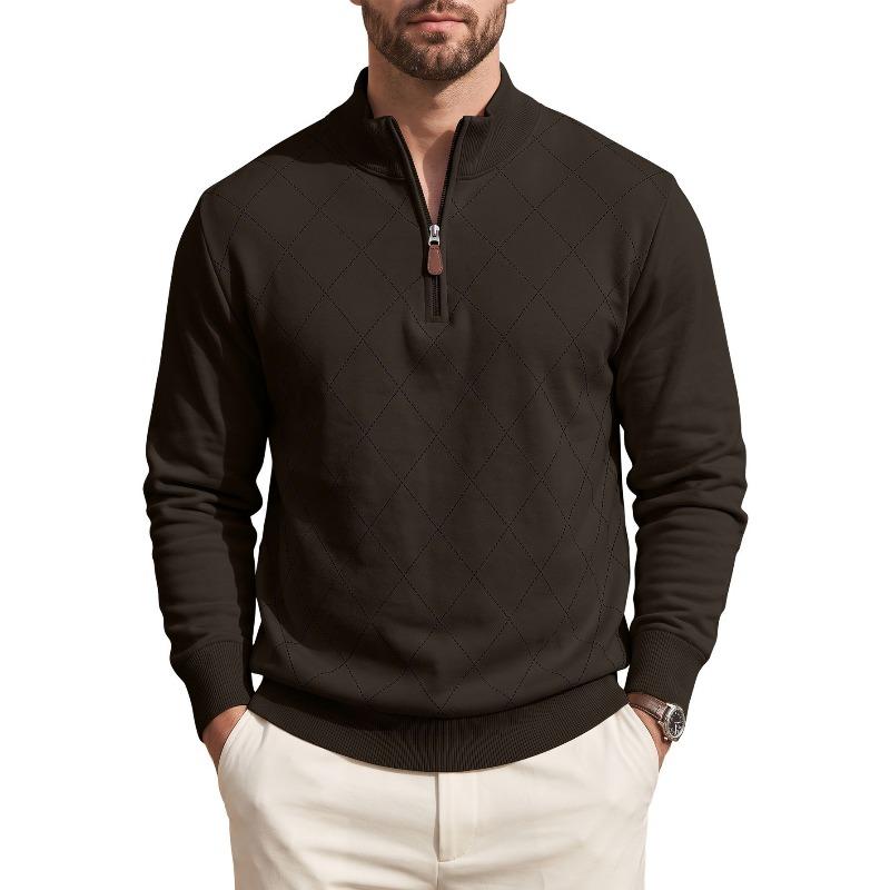 Men's Slim Fit Diamond Pattern Sweatshirt, Half-Zip Stand Collar Pullover, Long Sleeve Casual Top