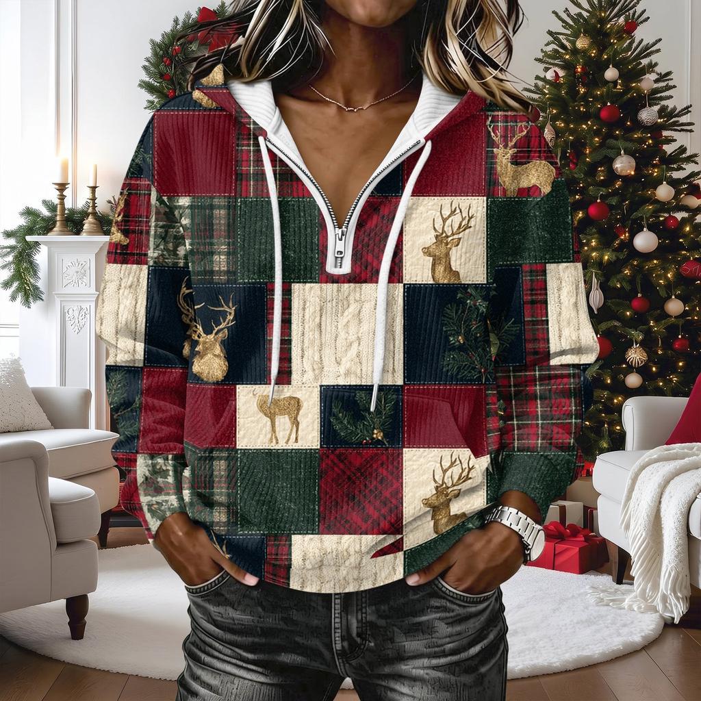 Women's Fashion Christmas Print Long Sleeve Hooded Pullover Sweatshirt Top