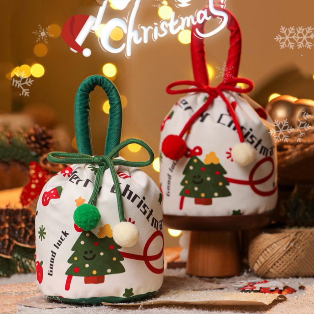 Christmas Gift Bags Cartoon Candy Bag with Bow Biscuits Apple Packaging Box Children's Drawstring Pouch Party Supplies Storage