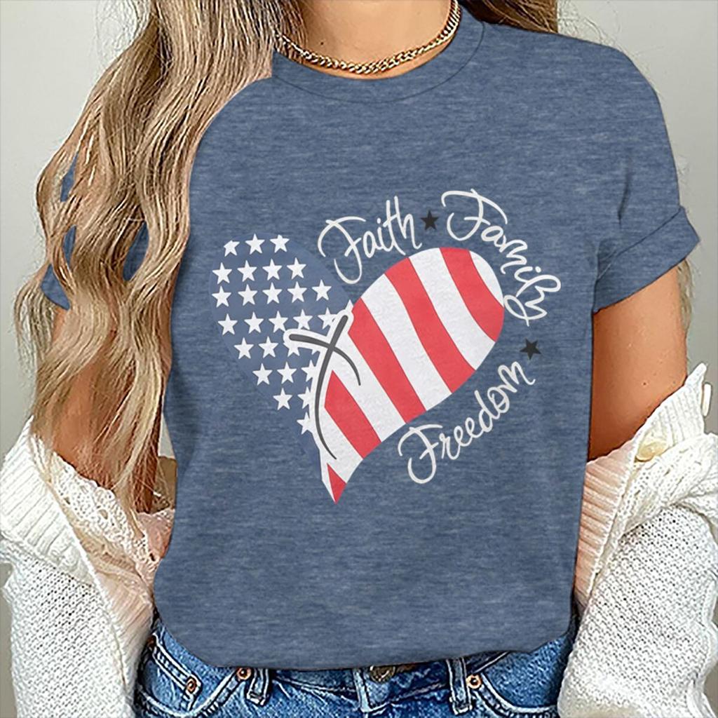 Womens Unisexs Faith Family Freedom T Shirts Fashion Vintage American Flag Heart Graphic Tee Casual Summer Short Sleeve Tops