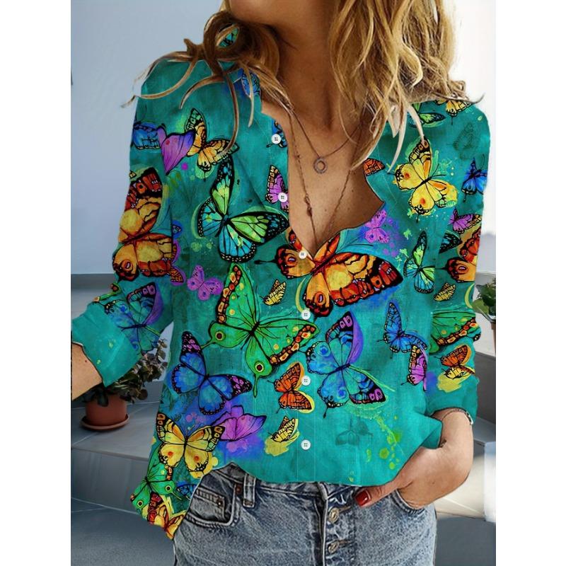 Fashion Flowers Butterflies Pattern 3D Print Women's Long Sleeve Shirt Simple Lapel Tops Autumn Casual Commuter Women Clothing