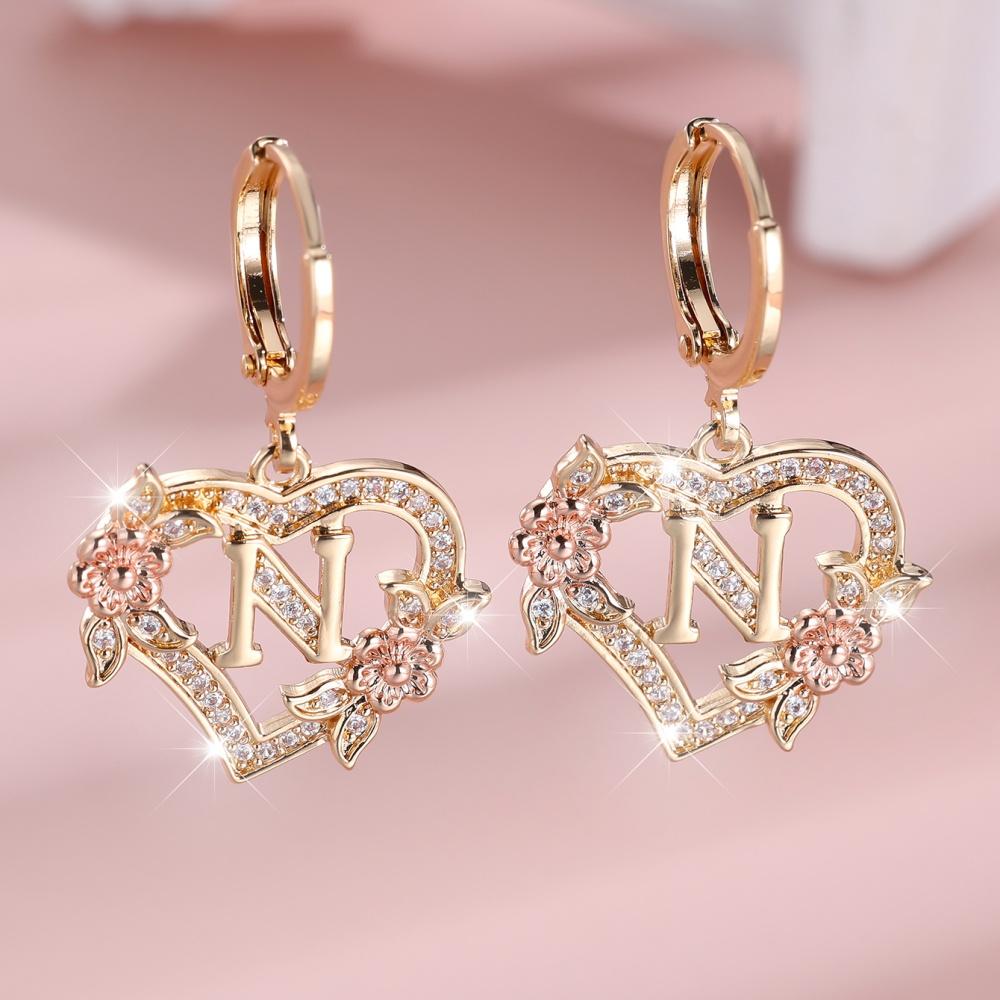 A-Z 26 Buchstaben Damen Herz Blume Creolen Vintage Goldfarbe Weiß Zirkon Hochzeits Schmuck Für Frauen