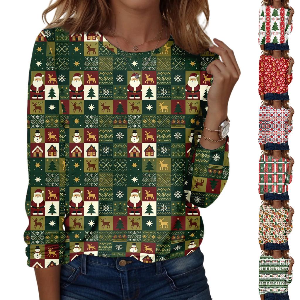Women's Fashion Christmas Print Crewneck Long Sleeve Pullover Top, Casual Holiday Shirt