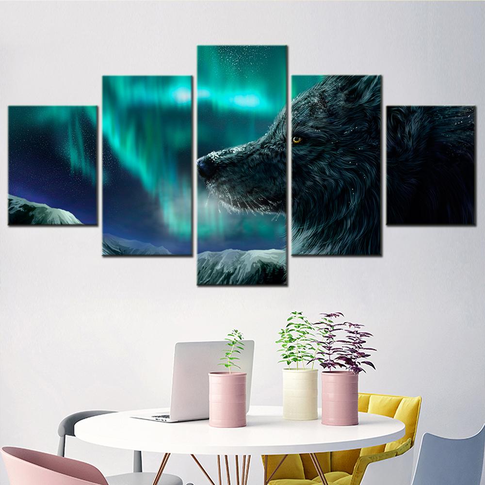 Aurora Borealis Wolf Wall Art Canvas Set Landscape Painting Animal Poster Modern Home Decor for Teenager Bedroom Pictures