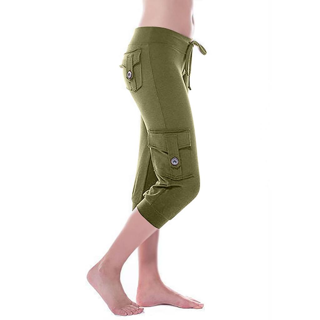 Women's Stretch-Waist Button-up Multi-Pocket Yoga Cropped Pants