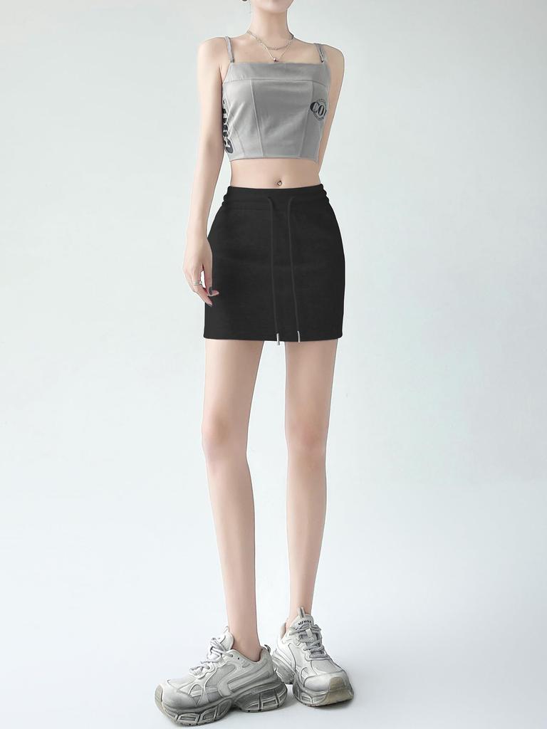 Syvent 12F018 Black Summer Sweat Skirt with Elastic Solid Mini Tight Available in 6 Colors Waist, Cotton, Skirt,