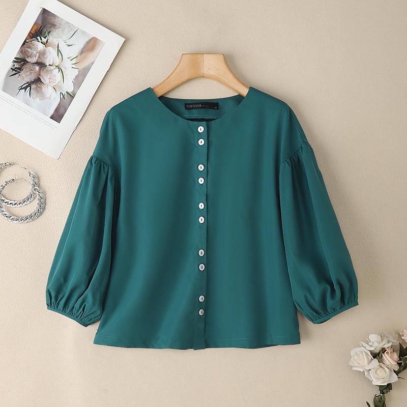 ZANZEA Women Summer Round Neck Solid Color Casual 3/4 Sleeve Blouse