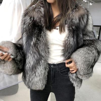 Winter Fashion Women's Artificial Silver Fox Fur Coat Fluffy Thick Warm False Fur Jacket