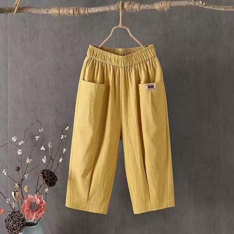 Women's Casual Summer Cotton Hemp Cropped Pants Wide Leg Mid Rise Elastic Waistband Solid Color Comfortable Trendy