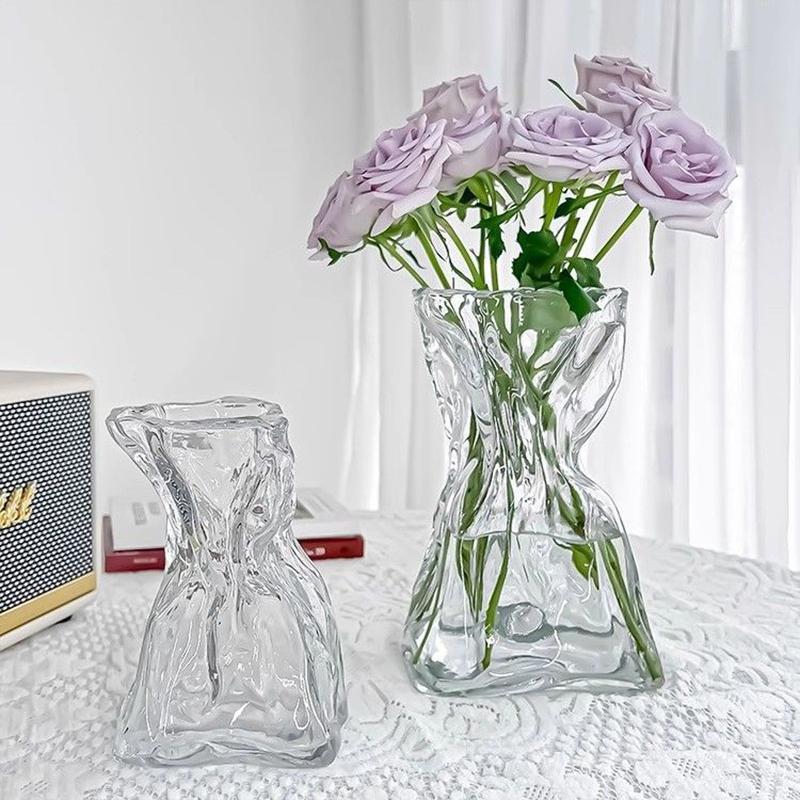 Irregular Glass Flower Vase Crystal Clear Vase Ins Style Decorative Vases for Home Office Wedding Dinner Table Party Decor