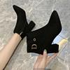 Autumn and winter European and American new thick heel pointed suede high heel large size side zipper short boots