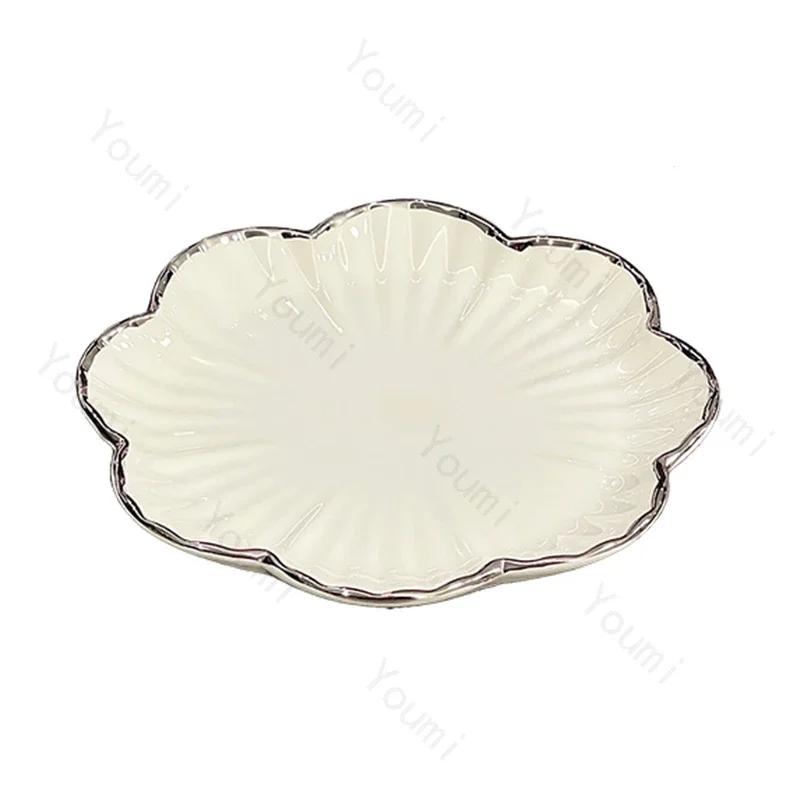 High End Solid Color Ceramic Plates Light Luxury Silver Edge Exquisite Dining Plate Household Delicious Dishes Plate Tableware