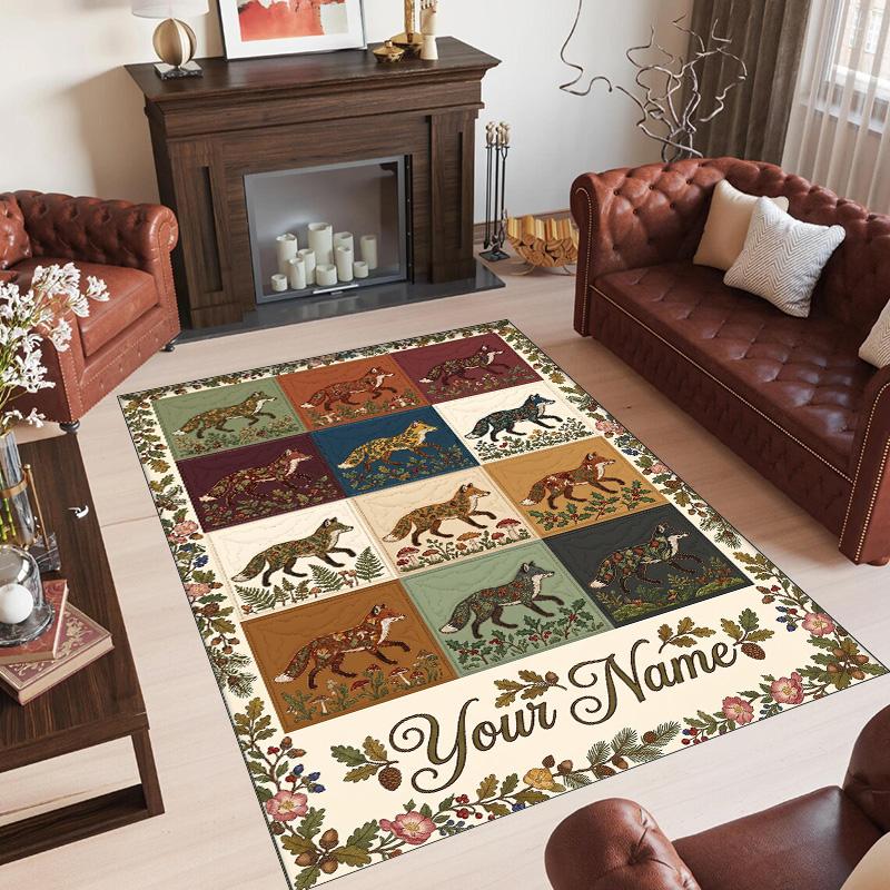 Fox Theme Crystal Velvet Floor Rug Personalized Custom Name Text Warm Carpet Home Decoration