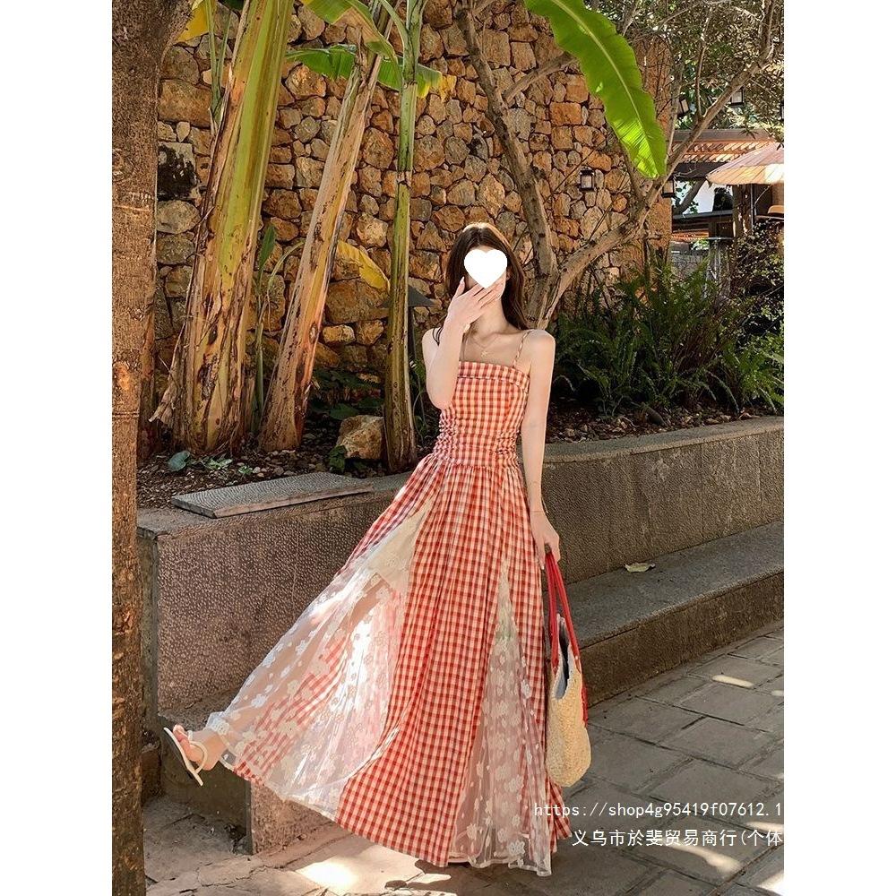Design Sense Heavy Industry Lace Splicing Plaid Suspender Dress Summer New Skinny Long Dress Female Tide