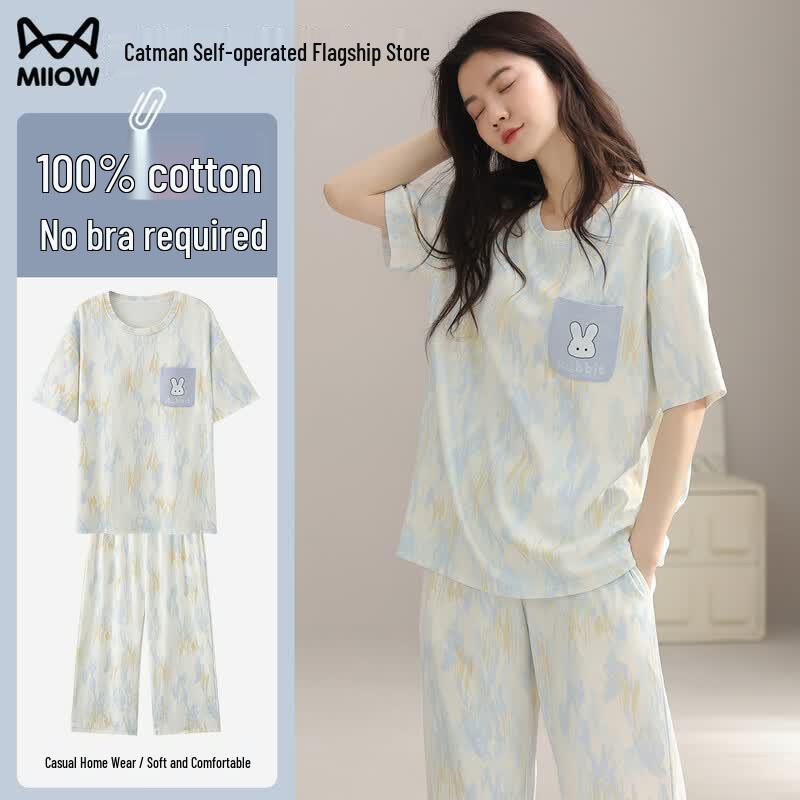 Mao Ren Women s 100% Cotton Short Sleeve Pajama Set with Built-in Bra M