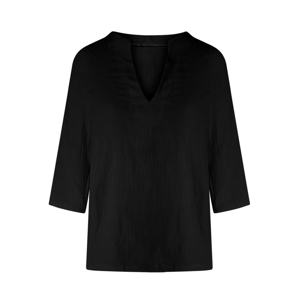 Women's Fashion Casual V-Neck Cotton-Linen Blend Shirt Loose-Fit Short-Sleeve Top