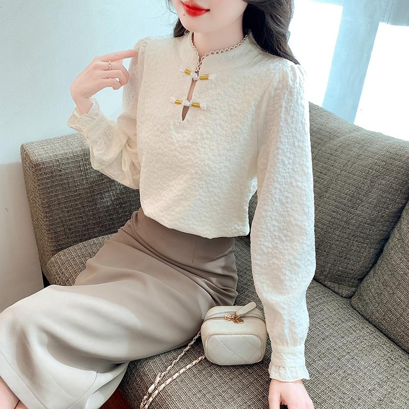 Fashion New 2024 Winter Chinese Style Long Sleeve Stand Collar Velvet Blouse Shirt Women Tops Blouses Shirts J807