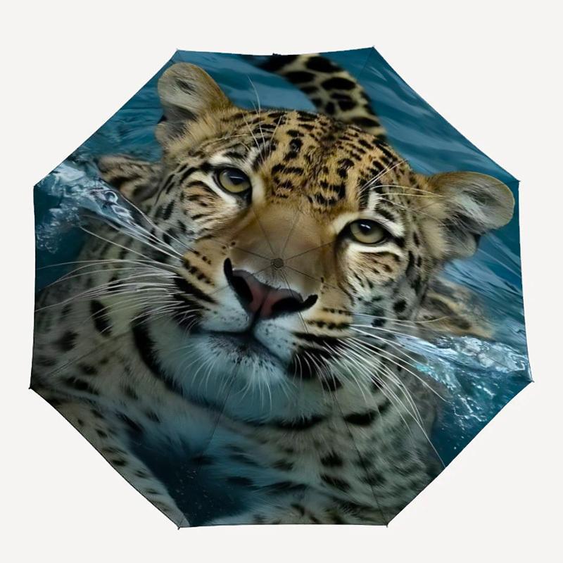 1pc Leopard Water Automatic Folding Umbrella Automatic Open/Close, 8-Rib Durable Frame, Compact Travel Umbrella Suitable025