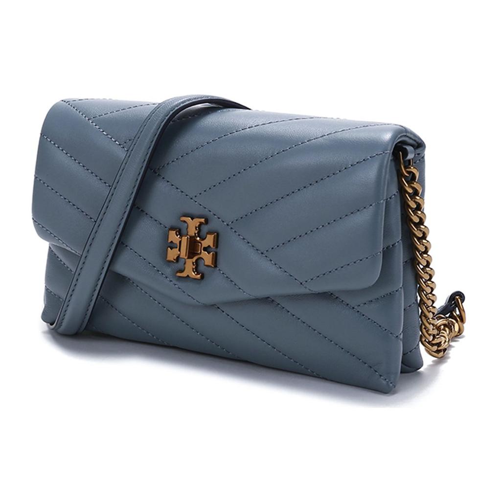 Tory Burch TB Kira Quilted Twill Double Layer Chain Leather Crossbody Wallet Shoulder Bag Women Bags Rain-Blue 64068-494