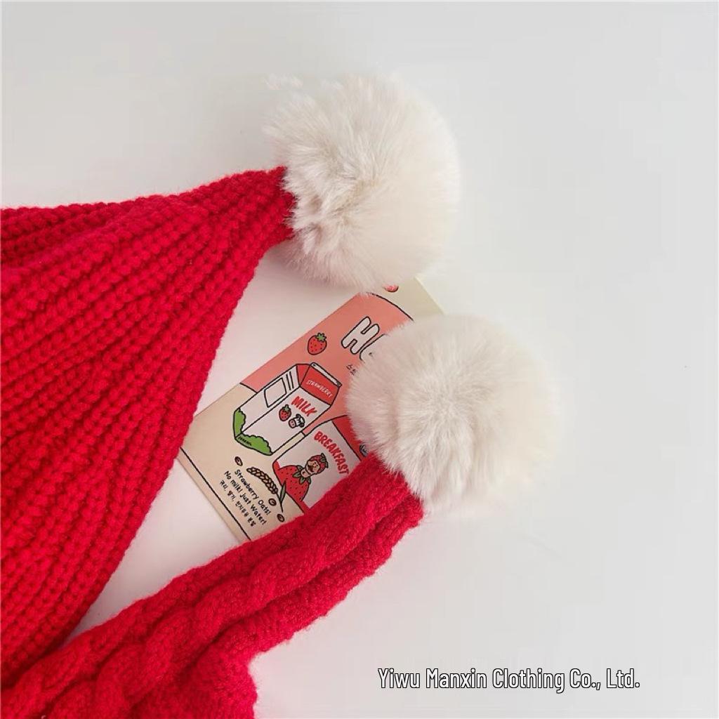 Świąteczna Ciepła Dzianinowa Wełniana Czapka Dziecięca - Czerwony Plusz na Boże Narodzenie i Nowy Rok