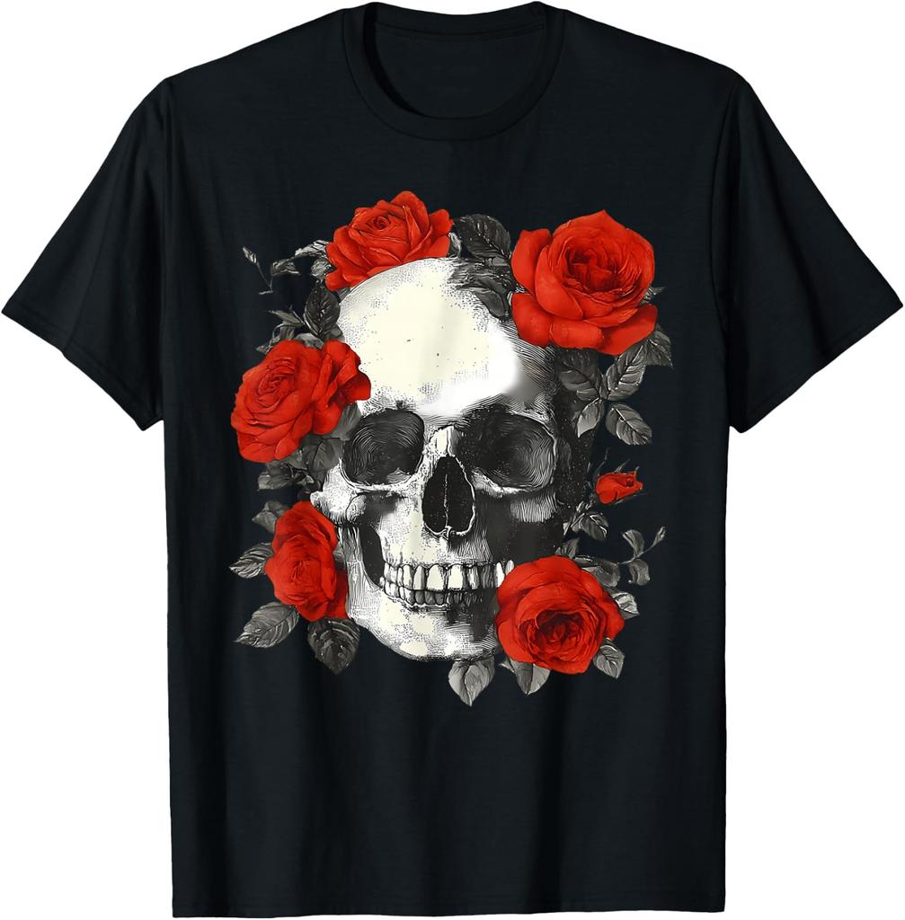 Floral Sugar Skull Rose Flowers Skeleton Halloween Men Women T-Shirt