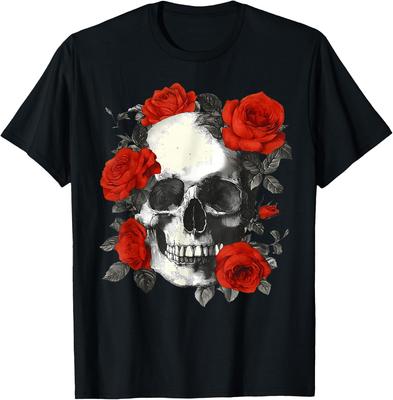 Floral Sugar Skull Rose Flowers Skeleton Halloween Men Women T-Shirt