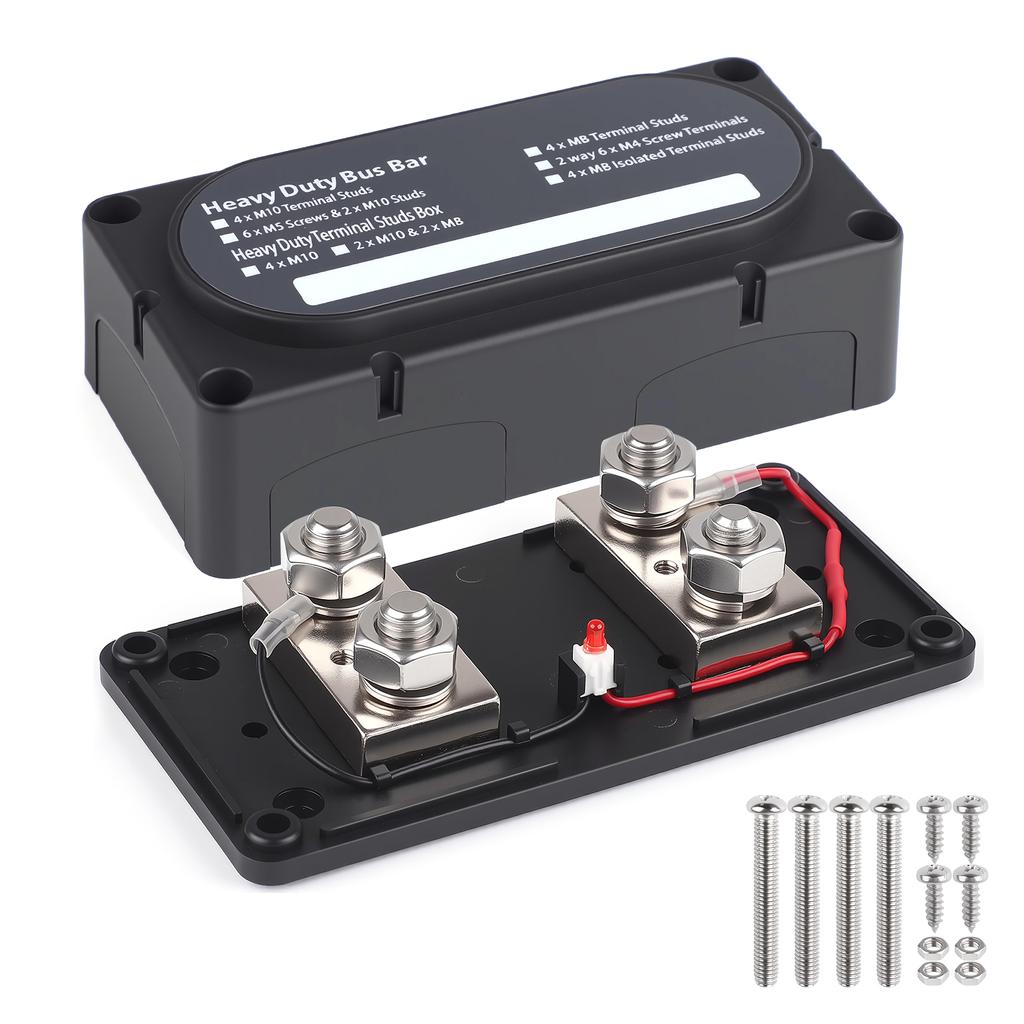 M10 4 Terminal Power Distribution Block Bus Bar 12-48V 750A for Automobile Boat RV Screw Terminal Power Distribution Block