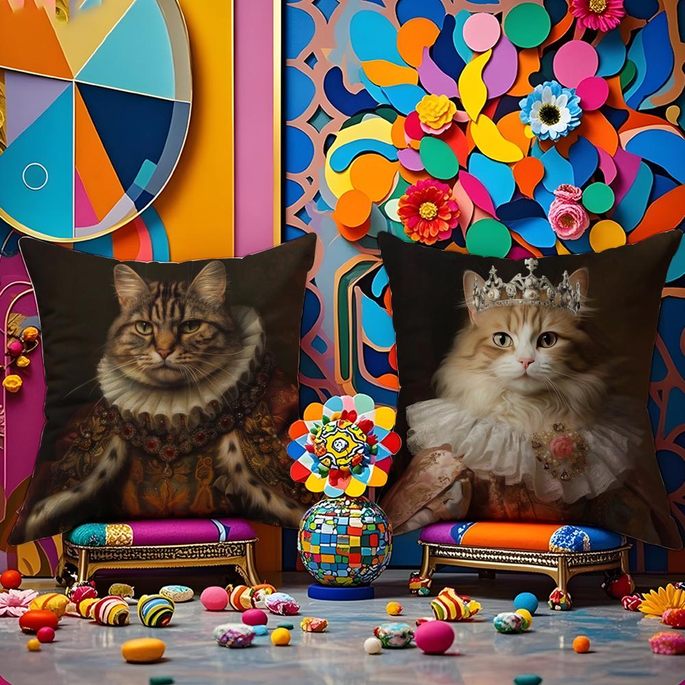 Renaissance Royal Cat Funny Pillow Case Anti-Dustmite Pillowcase Invisible Zipper Silky Short Plush Sofa Cushion Cover