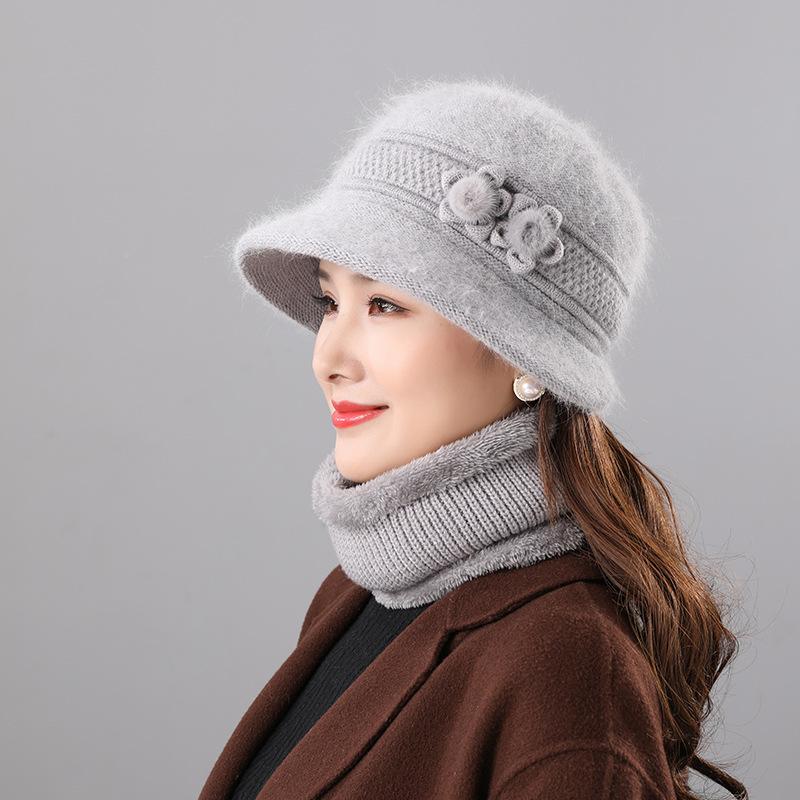 Warm Rabbit Fur Hat for Middle Aged and Elderly Mothers Autumn and Winter Women's Scarf Two Piece Set Old Lady's Winter Basin Hat