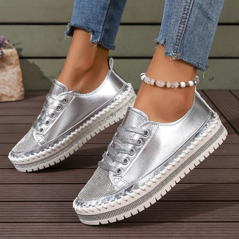 Fashion Plus Size 43 Women's Casual Flat Shoe 2025 New Style Rhinestone Design Woman Sneakers Comfortable Platform Shoe