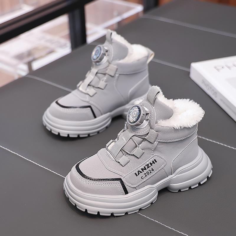 

Детские плюшевые хлопковые сапоги - зимняя мода 2024 года, теплые толстые короткие сапоги для девочек со стильными пуговицами серый