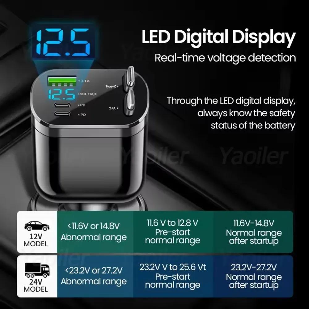 NEW 5-IN-1 100W Retractable Car Charger Mobile Phone USB PD Type C Cable for IPhone Fast Charge Cord Car Socket Adapter