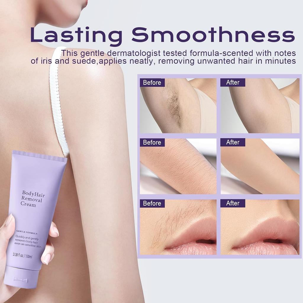 Body Hair Removal Cream for Sensitive Skin, Painless Depilatory Cream with Spatula Applicator, Durable and Smooth for Men and Women, Gentle Formula