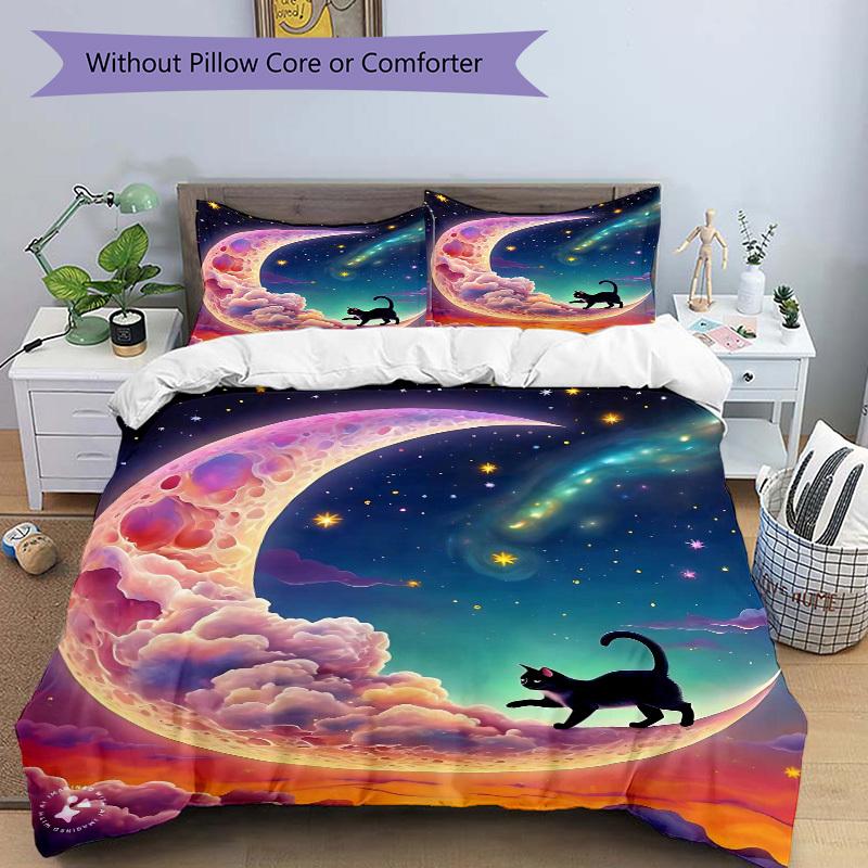 3-teiliges Anime-Katzen-Mond-Galaxie-Bettwäscheset - Enthält eine Bettdecke und zwei Kissenbezüge (Kein Kern) - Polyesterstoff, Fantasie-Design für Bettwäsche