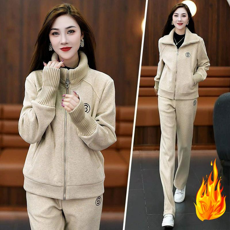 Plus Velvet Thickened Autumn and Winter Sweater Women's Suit Cardigan Jacket Sports Suit Women's Two-piece Suit