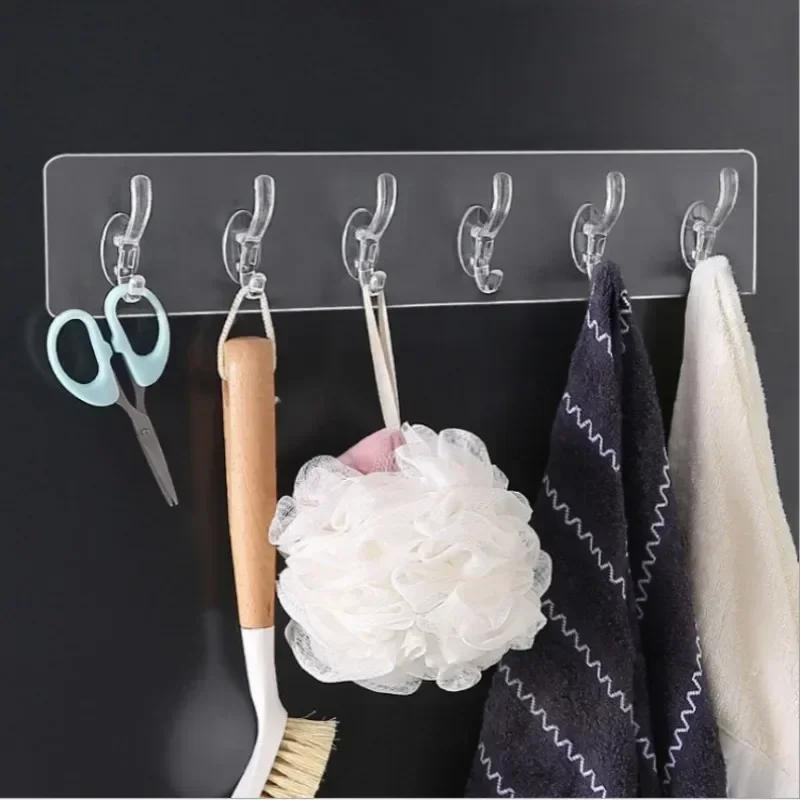 6Row Strong Self Adhesive Wall Hooks Nail-free Transparent Multipurpose Holder for Kitchen Bathroom Traceless Hanger Stickers