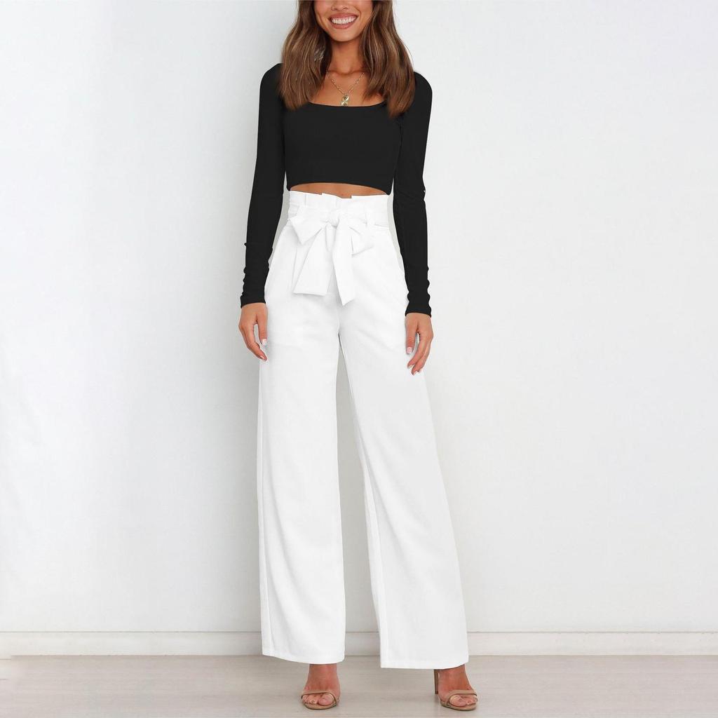 Modische Hose für den Arbeitsplatz, für Damen, lässig, weites Bein, hohe Taille, Hose mit Gürtel, Temperament, Sommer, Pendlerhose