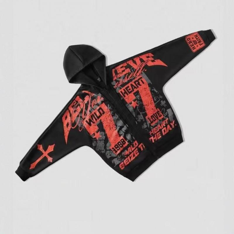 Oversized Hooded Zip-Up Sweatshirt With 3D Cross Letter Print Streetwear Unisex Casual Top
