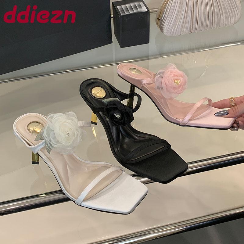 Fashion Silk Fashion Flower Women 7cm Heels Sandals Shoes Slides Summer Female Square Toe Footwear Metal Heels Ladies Sandals Shoes