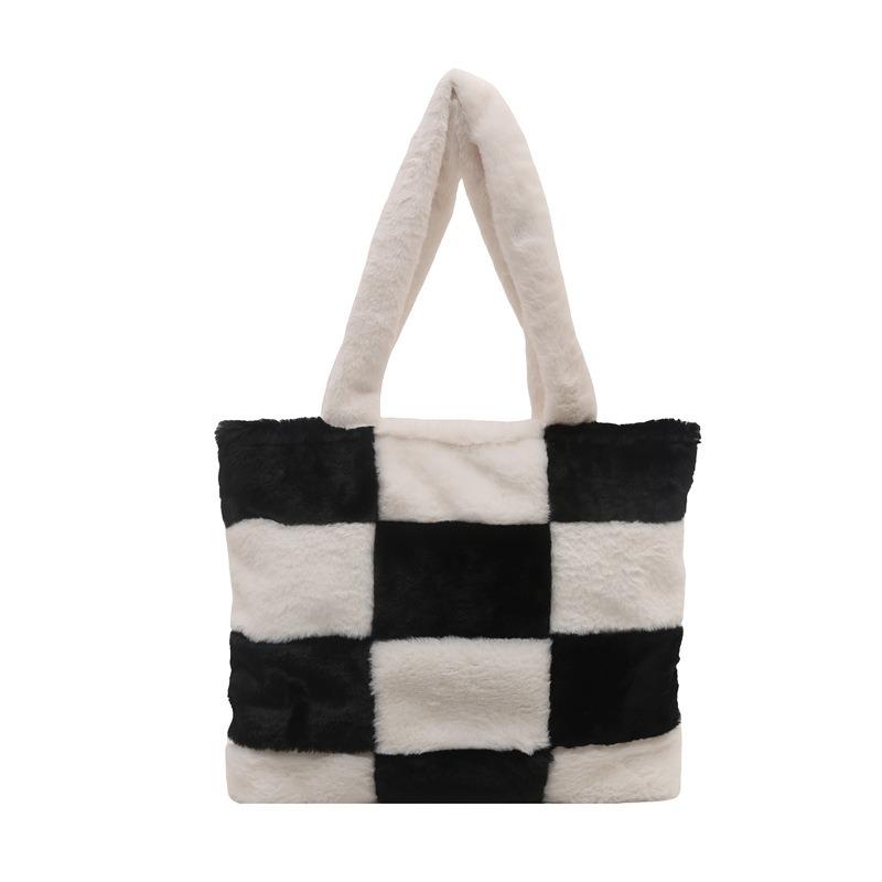 New Fashion Plaid Plush Bag Versatile Casual Lightweight Large Capacity Tote Bag Practical Shoulder Underarm Bag