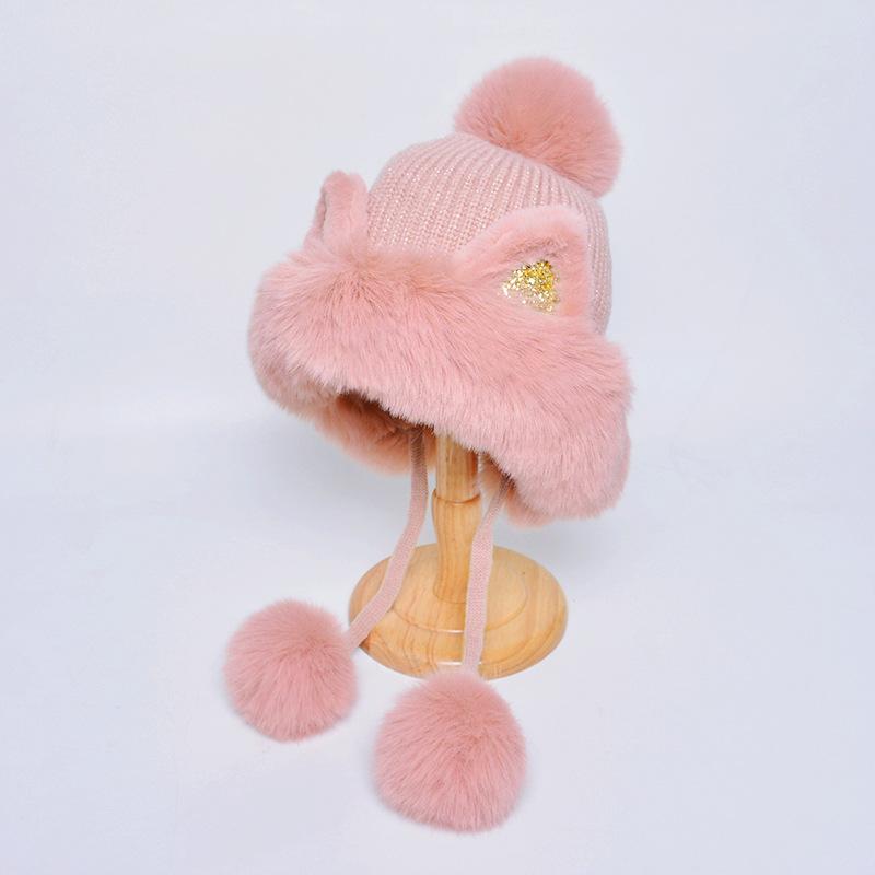 Women Winter Cute Knitted Cartoon Hair Ball Ear Protector Cap Plush Thickened Warm Hat EMA