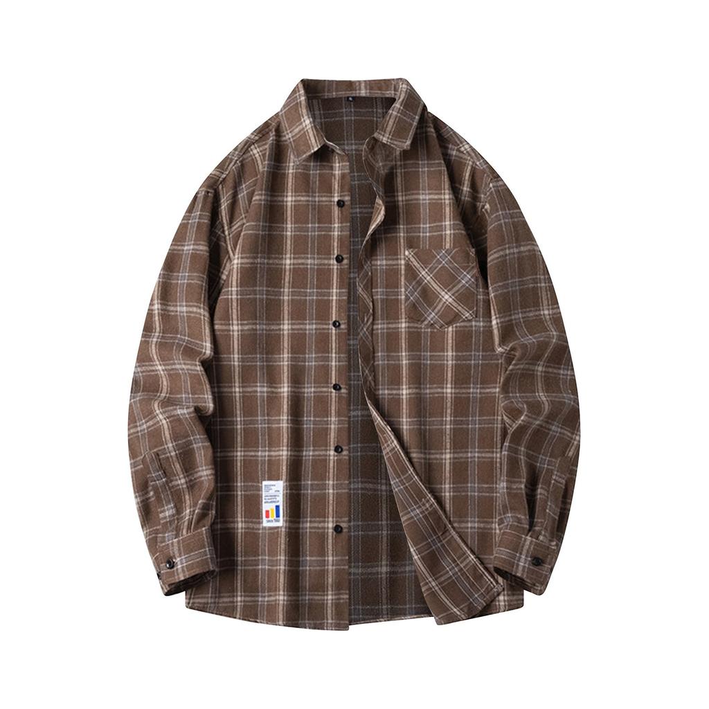 Men's Spring Plaid Trendy Fashion Loose Drop Shoulder Stand Collar Long Sleeve Shirt