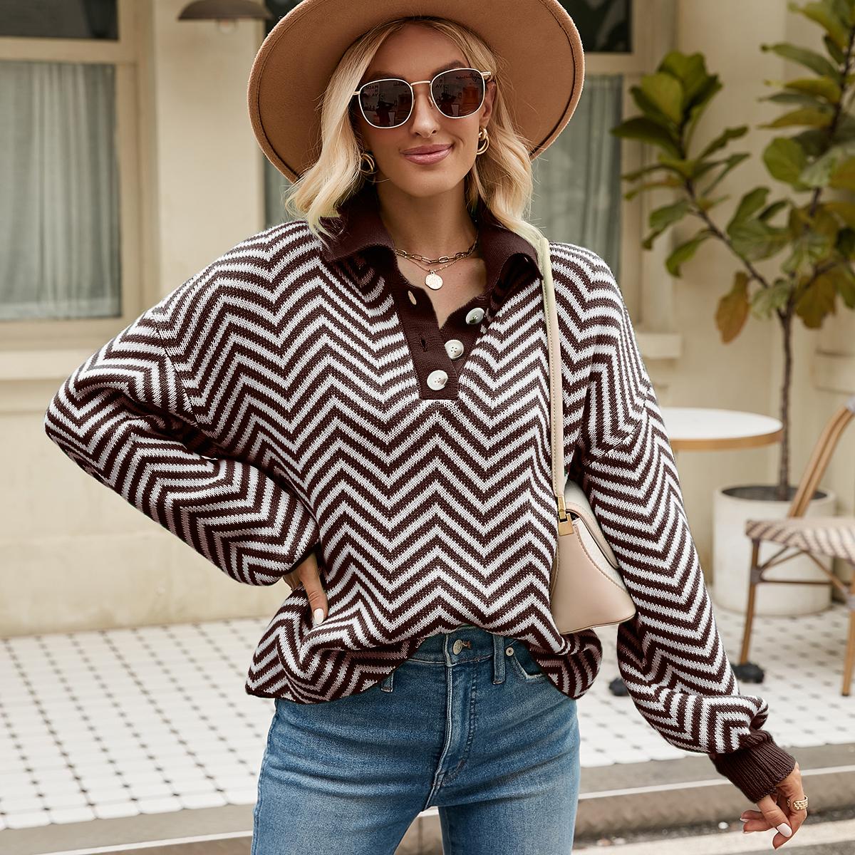 

GMXIA женские модные повседневные полосатые принты осень-зима с длинным рукавом ПОЛО с воротником свободные свитера XL кофейный