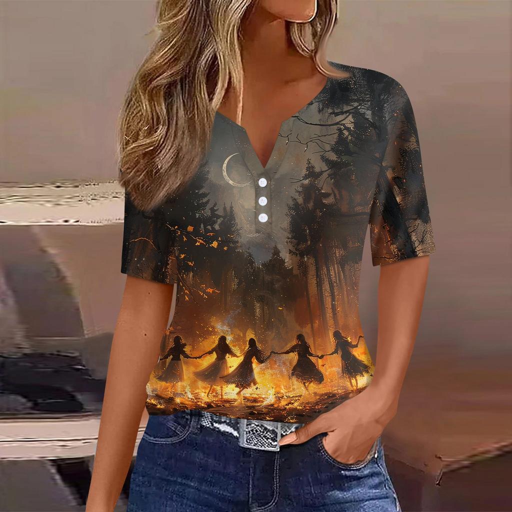 Women's T Shirt Halloween Print Button Short Sleeve Daily Weekend Fashion Basic V- Neck Regular Top