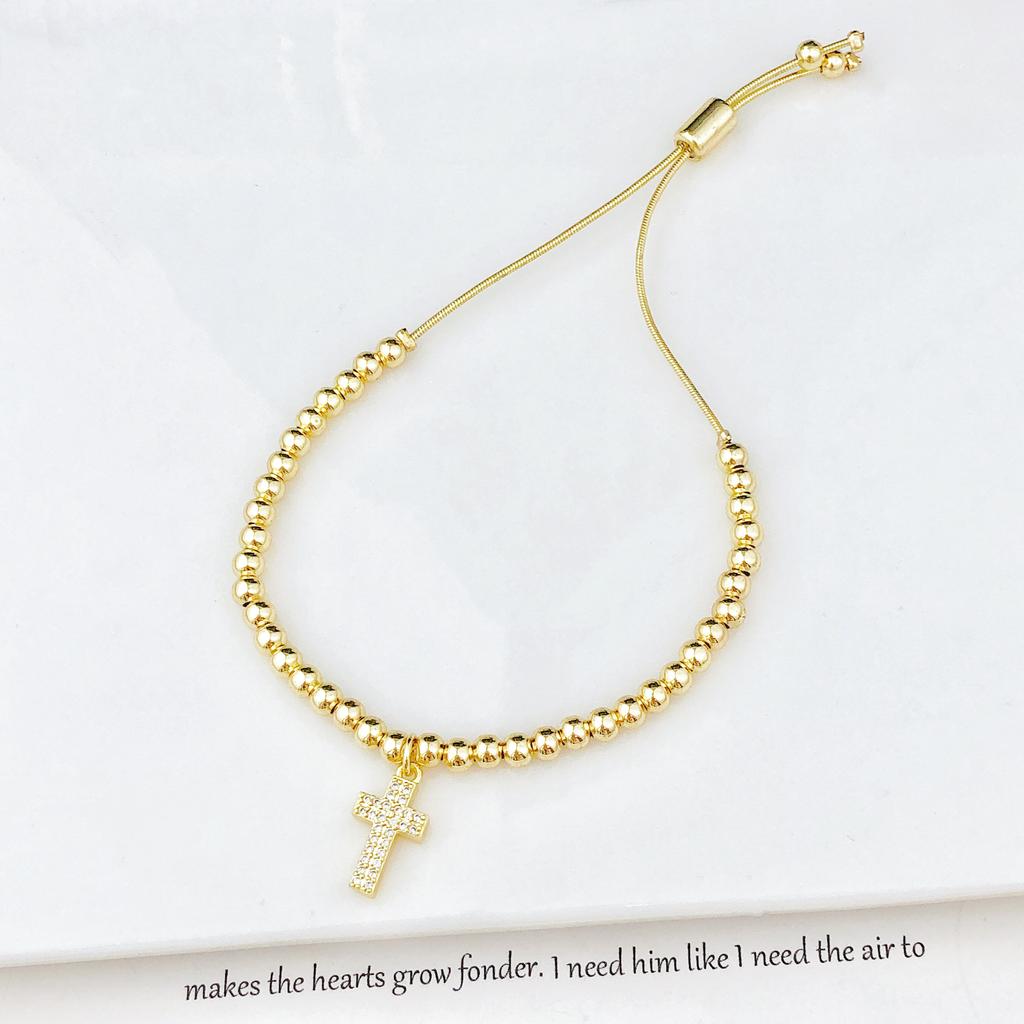 Classic Full Zirconia Cross Pendant Copper Bead Chain Adjustable Bracelet Fashion for Men Women Party Religious Jewelry Gift
