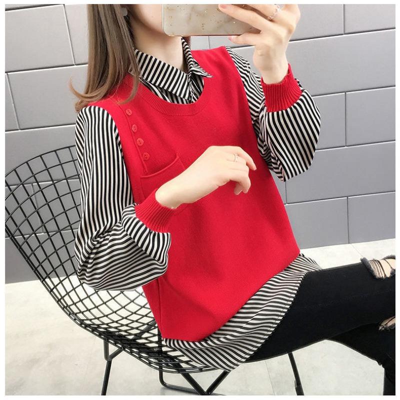 Korean Fashion Fake Two Pieces Blouse Women Casual O-neck Long Sleeve Patchwork Tops