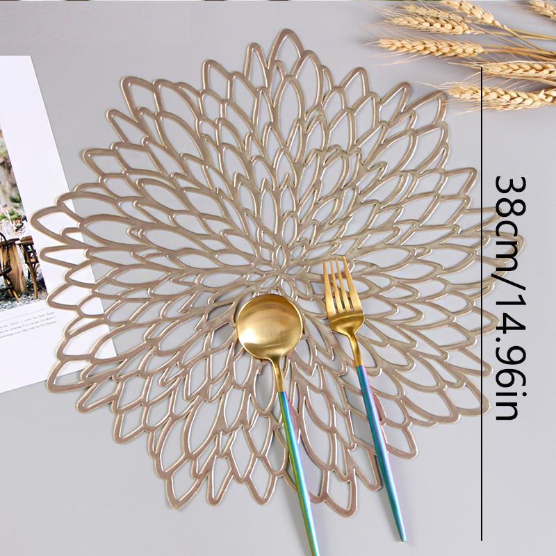 PVC Hibiscus Flower Placemat for Dining Table Hollow Pad Coaster Pads Table Bowl Mats Gold Dining Table Mat Non-slip Insulation